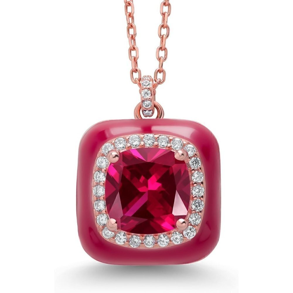 18K Rose Gold Plated Silver Red Simulated Ruby Red Enamel Pendant Necklace